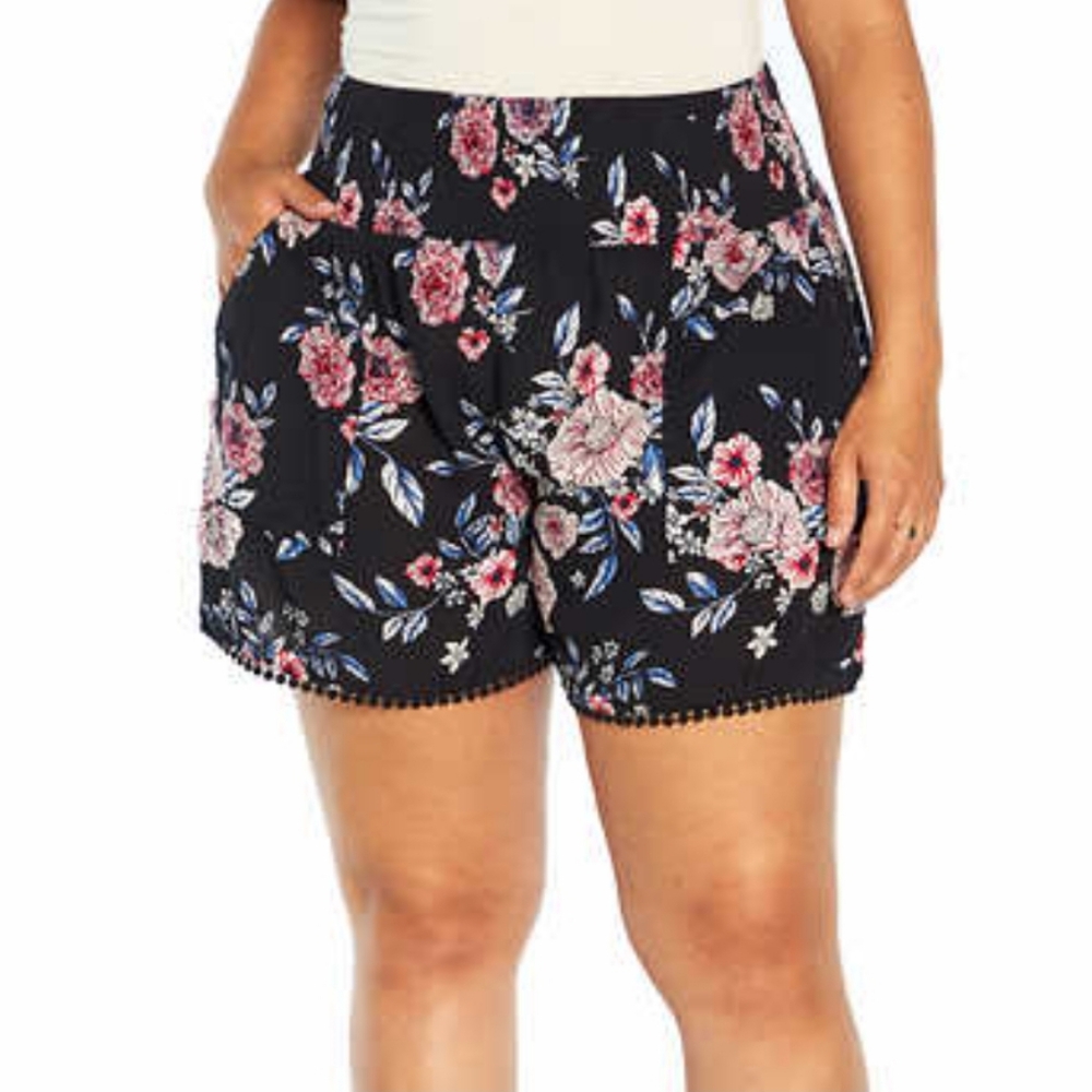 Three Dots Ladies' Printed Black and Pink Floral Shorts with Crochet Trim Detail - Picture 2 of 5